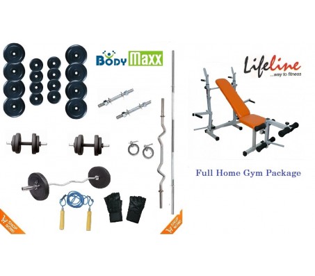 150 KG Body Maxx Complete Home Gym Set + Lifeline Multi Purpose Bench Press + 4 Rods & Lots more..!!